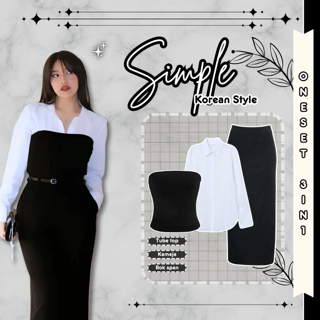 Simple Korean Style - Rok Span, Kemeja, Kemben Outfit Santai, Outfit Cafe, Ootd Kampus Ootd Korea