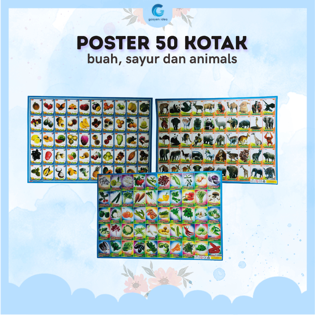 Poster Satuan isi 50 kotak Edukasi Anak Belajar Gambar Hewan, Buah dan Sayur