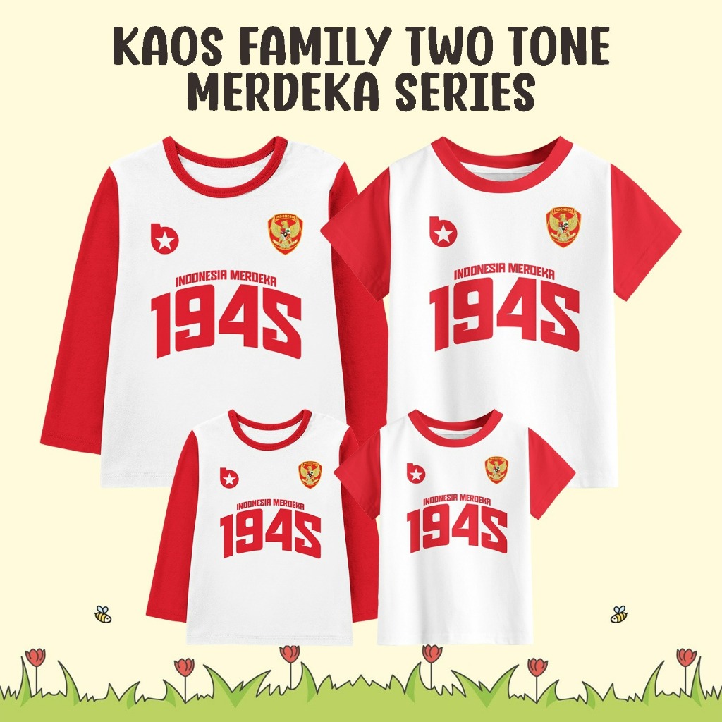 Kaos Twotone Keluarga Lengan Pendek dan Lengan Panjang Merdeka Indonesia Spesial Agustusan