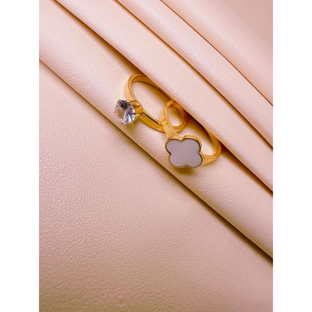 CINCIN TITANIUM WANITA CINCIN EMAS BERLIAN PERMATA SATU DAN CLOVER CINCIN WANITA ISI 2pcs ANTI KARAT