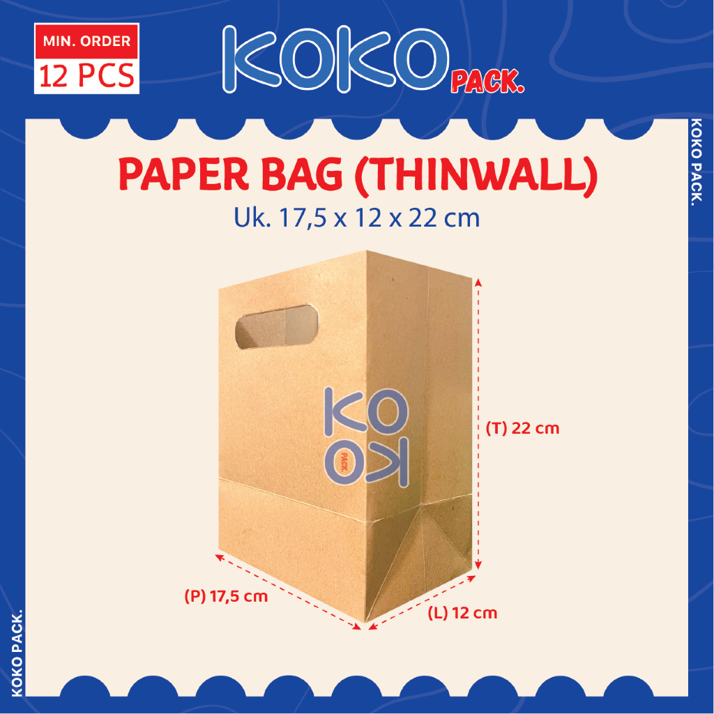 

(isi 12pcs) Paper Bag Kraft Thinwall uk. 17,5x12x22 cm / Tas Kantong Kertas Coklat Polos