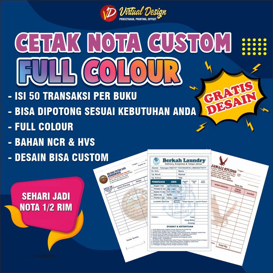 

NOTA CUSTOM (free design) SEHARI JADI - 1/2 RIM | 1PLY, 2 PLY, Nota kontan | OLSHOP Kwitansi Custom || NCR || INVOICE Bon Surat Jalan nota