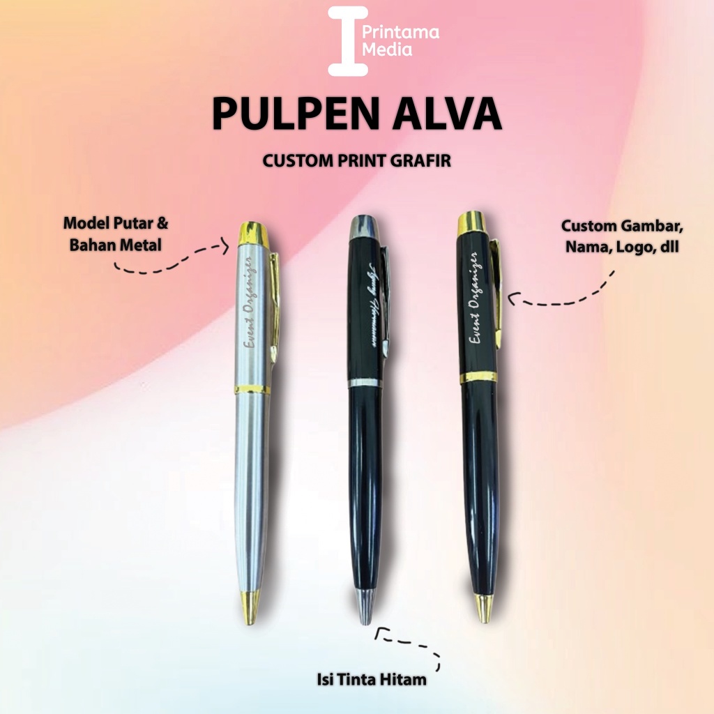 

Custom Pulpen / Pena Alva Souvenir Promosi Metal Putar Cetak Laser Grafir