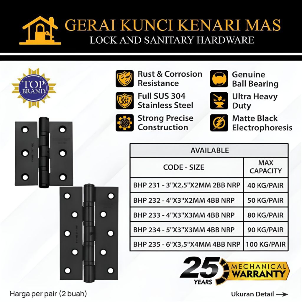 PALOMA Engsel Pintu Jendela Kupu Kupu Plat Butt Hinge Hitam Black Stainless Steel 3" 4" 5" 6" BHP 23