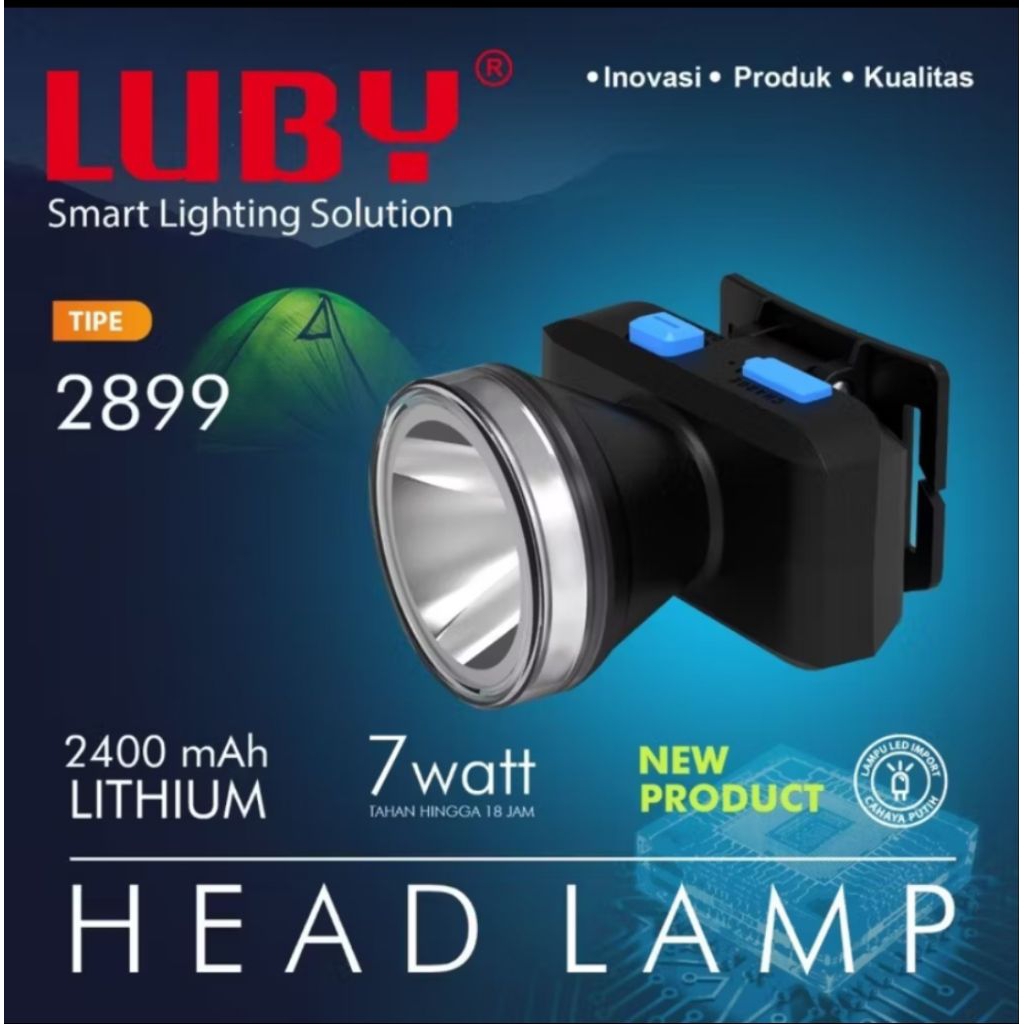luby l-2899 senter kepala tambang waterproof cahaya putih 7watt ukuran kecil ringan tahan 18jam