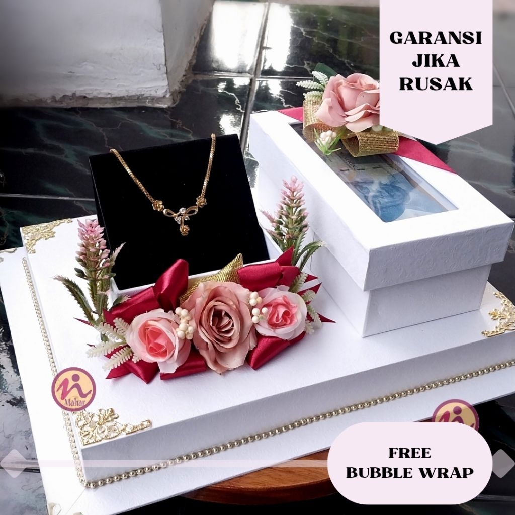 Box Mahar Uang & Kalung Set 2in1 Hias Bunga - Kotak Seserahan Pernikahan Aesthetic
