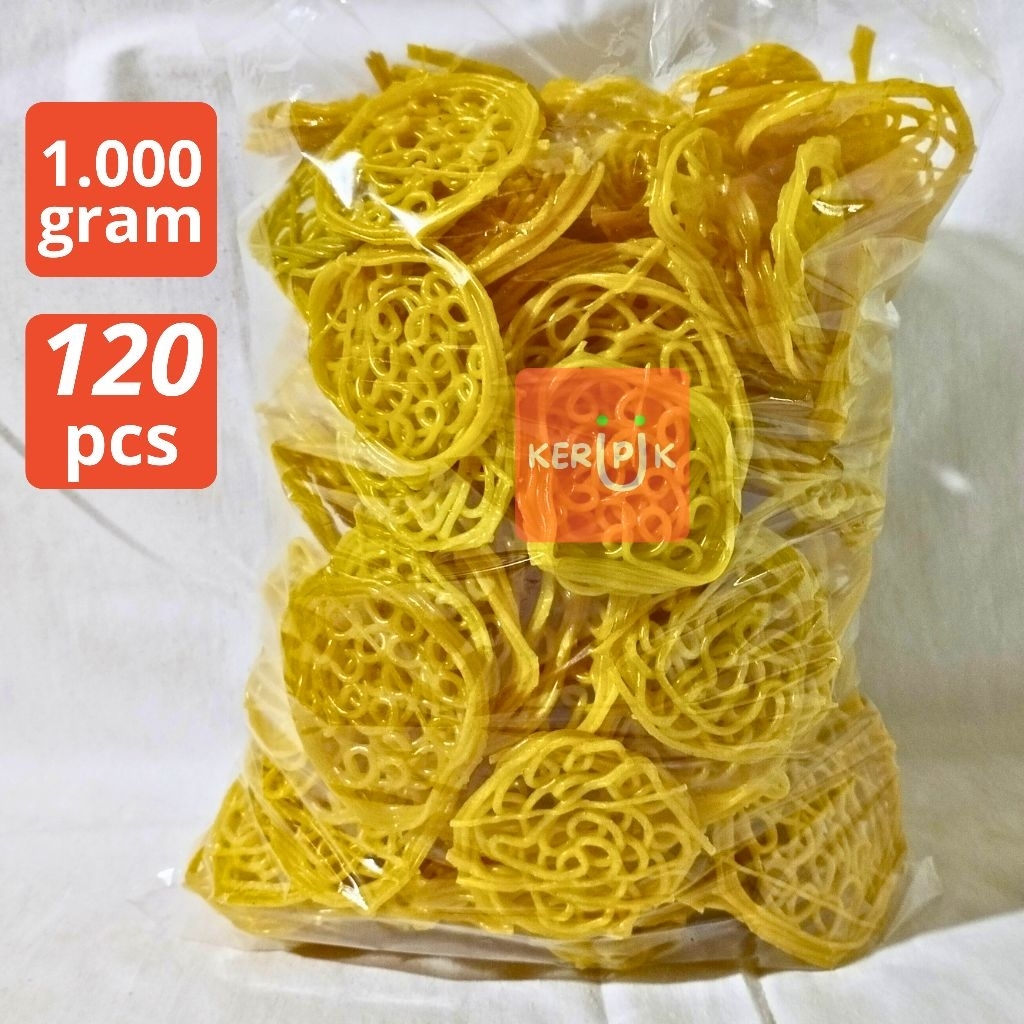

Kerupuk Mie Kuning Mentah Ukuran Sedang 1.000 Gram Isi 120 Pcs