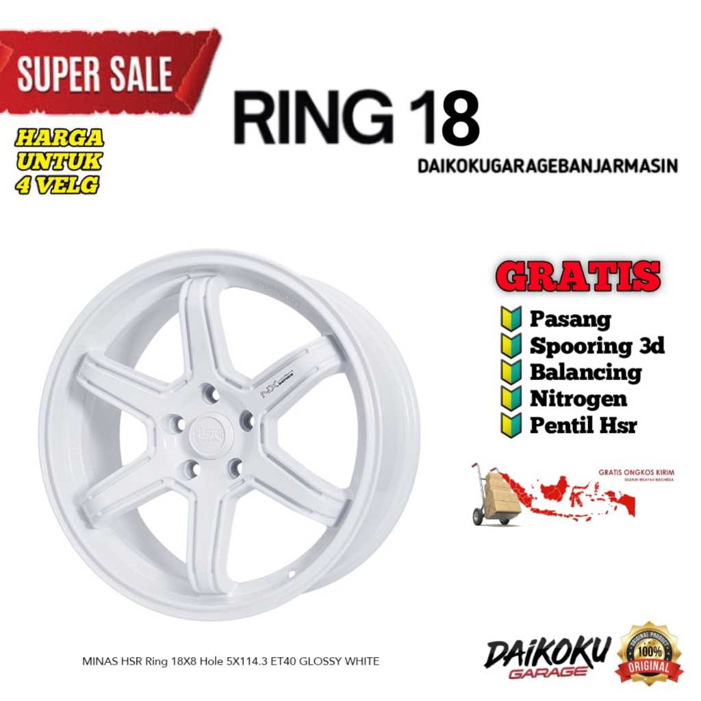 Velg JDM style Ring 18 hsr minas r18 hole 5x114,3 putih pelek mobil racing xpander terios rush crv