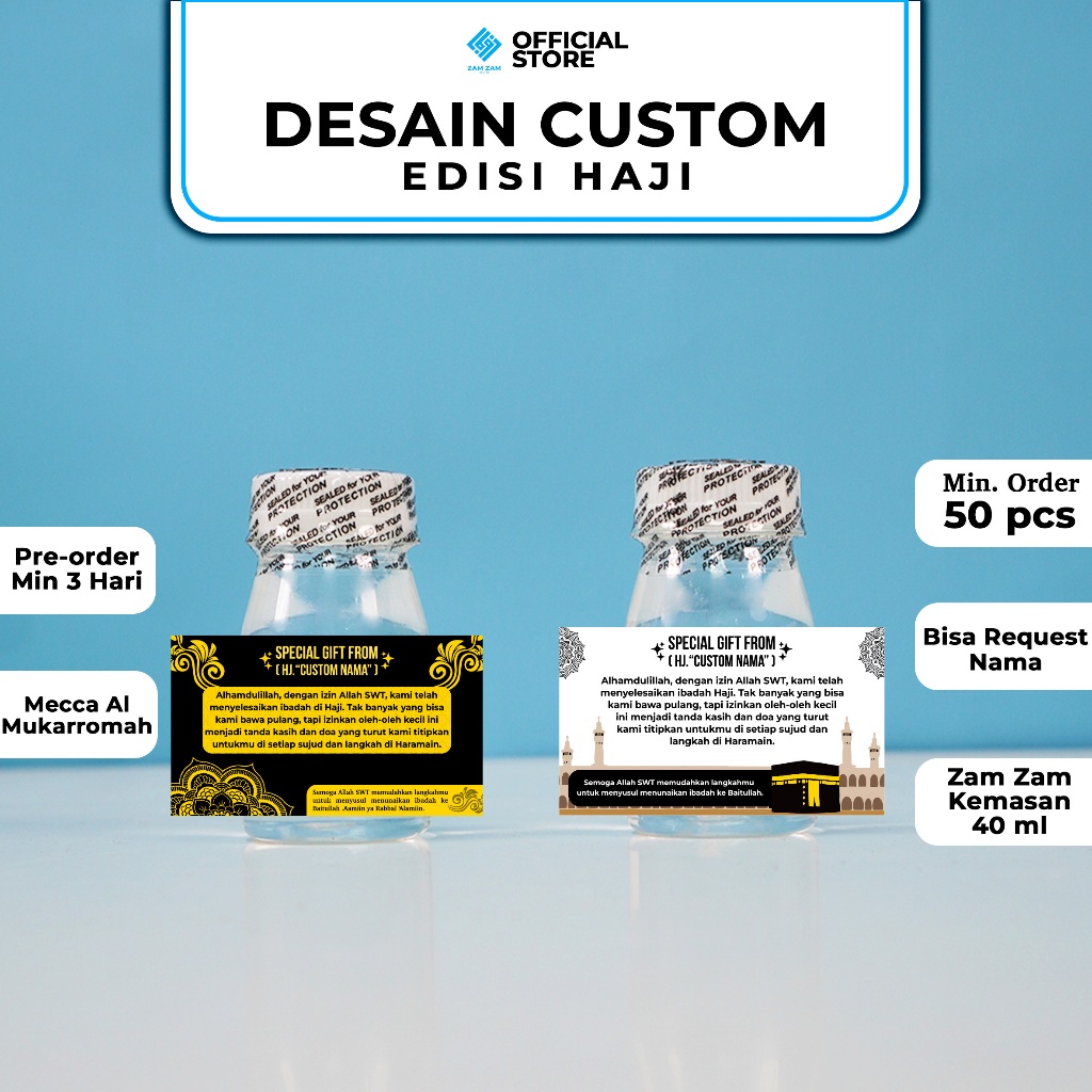 

[ EDISI HAJI - DESAIN KUSTOM ] - AIR ZAM ZAM KEMASAN 40 ML - MINIMAL ORDER 60 BOTOL