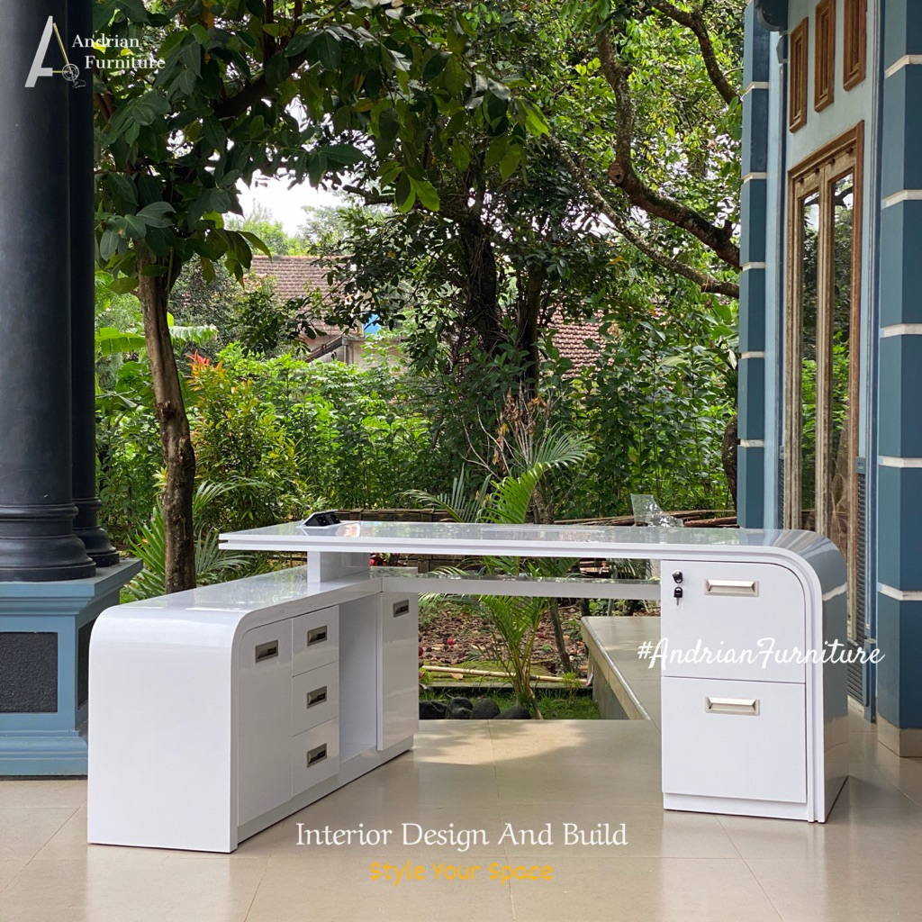 Meja Kerja / Direktur Letter L Shape Minimalis Modern Premium Fin. HPL Glossy