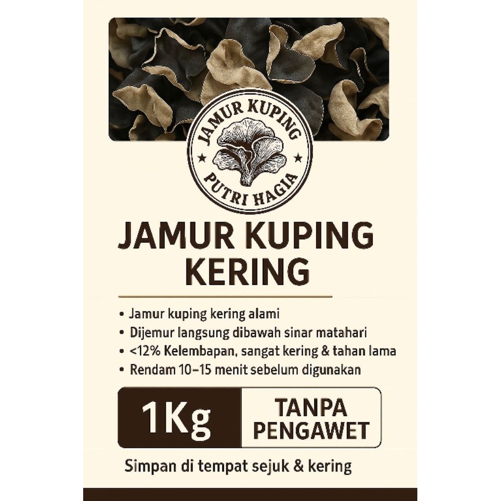 

Jamur Kuping Kering 1Kg - Putri Hagia Berkualitas, Siap masak!