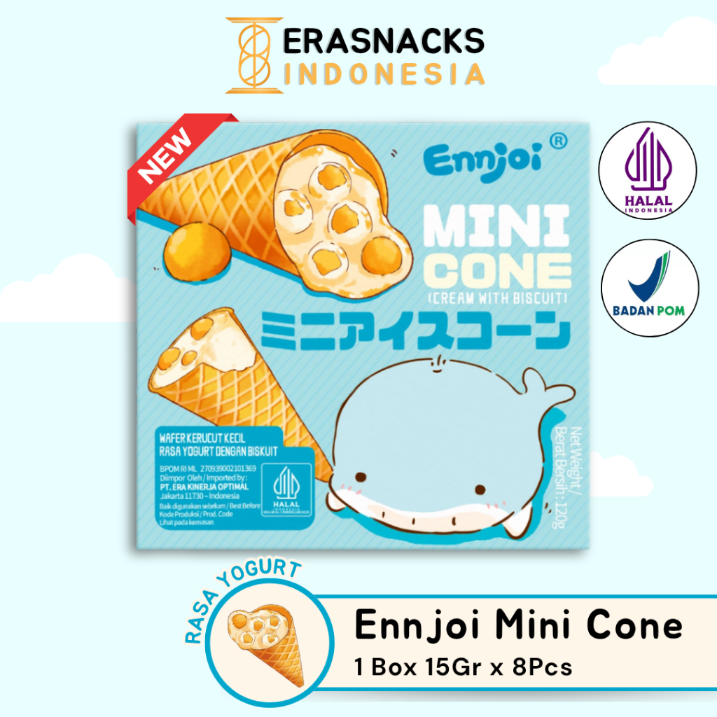 

ENNJOI MINI CONE CREAM WITH BISCUIT - WAFER KERUCUT KECIL RASA YOGURT 1 BOX 8 PCS x 15 GR