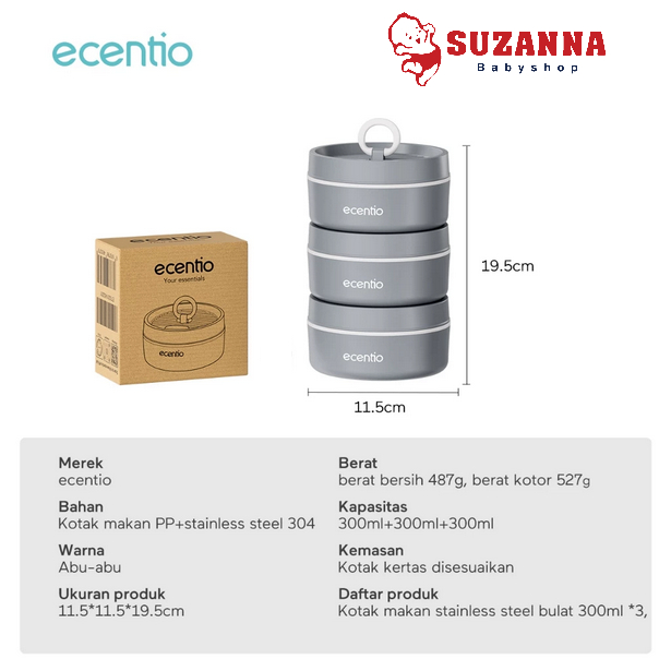 Ecentio lunch box set 3pcs -- Kotak Makan anti tumpah 304 Stainless Steel