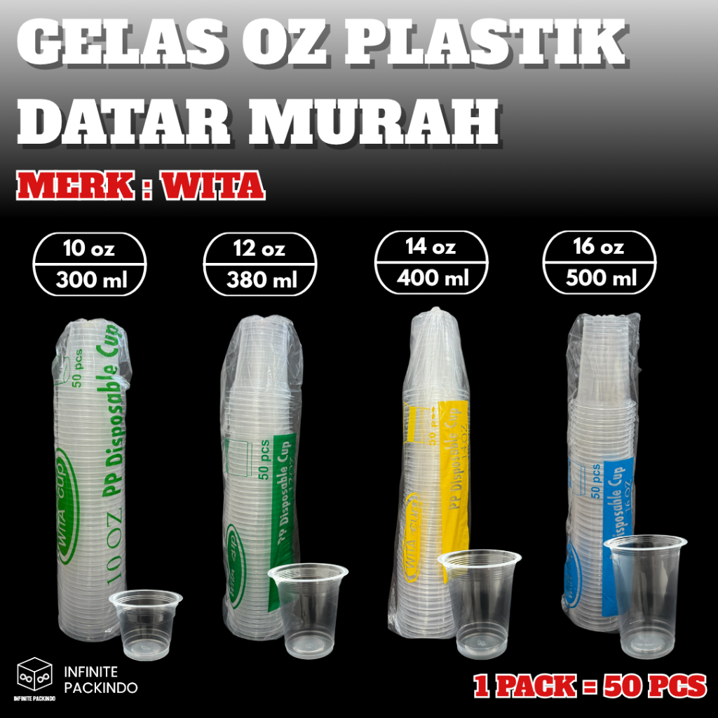 (ISI 50 PCS) Gelas Plastik (PP) Datar 10oz / 12oz / 14oz / 16oz (3.5gr) / Plastic Cup (PP) Datar (3.