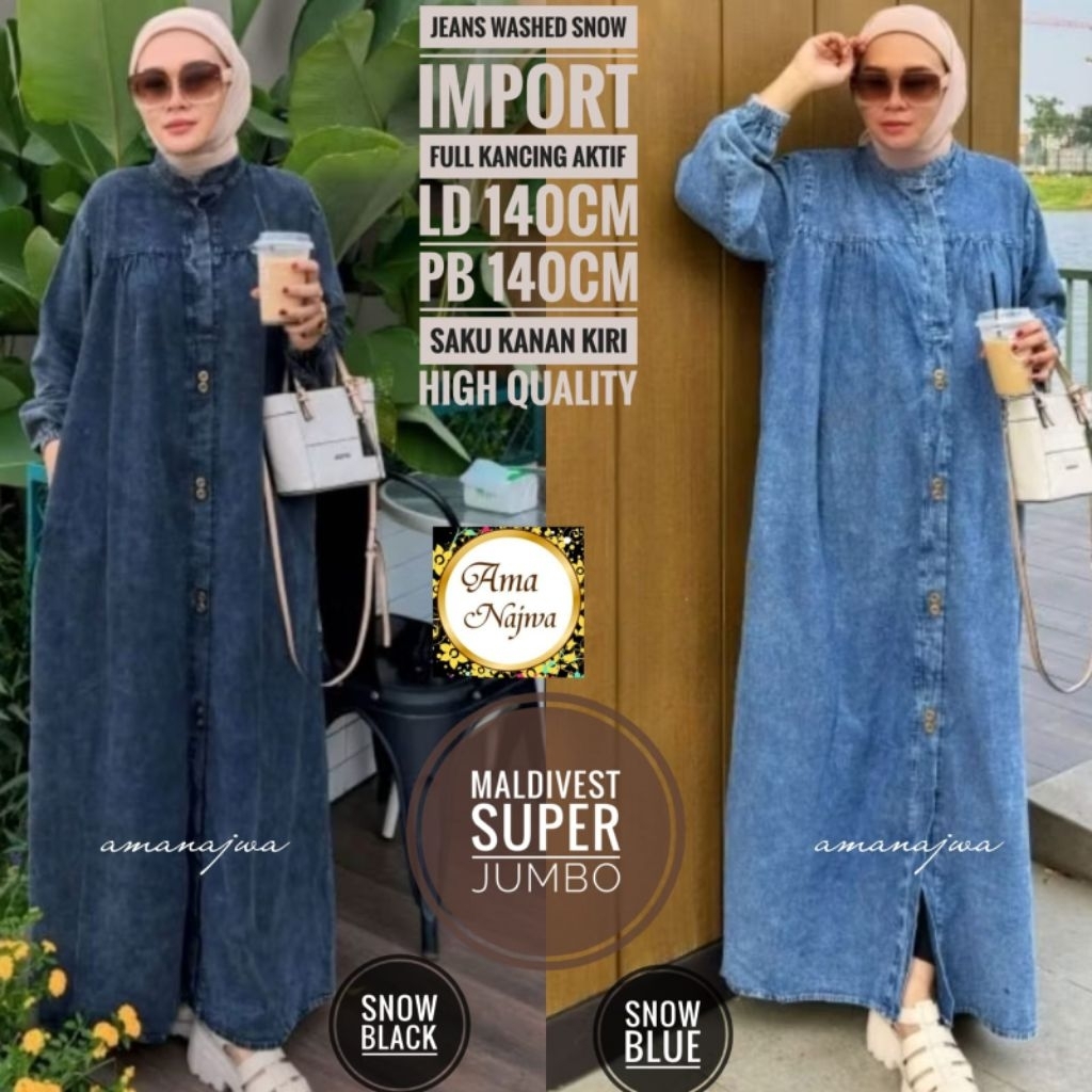 MALDIVEST SUPERJUMBO LD 140CM | GAMIS JEANS JUMBO | BAJU WANITA JUMBO | PAKAIAN WANITA JUMBO
