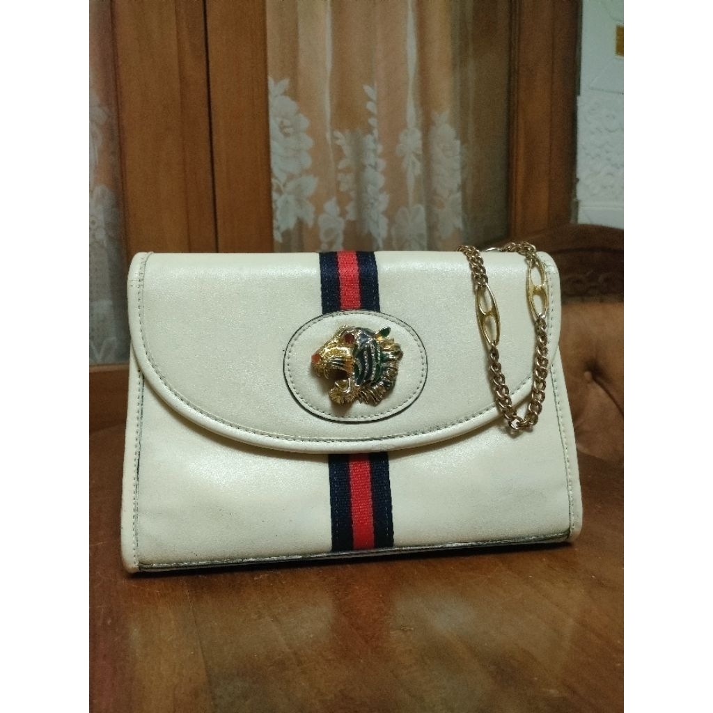 PL tas selempang bahu wanita, bahan kulit, GU*CiRajah in white leather