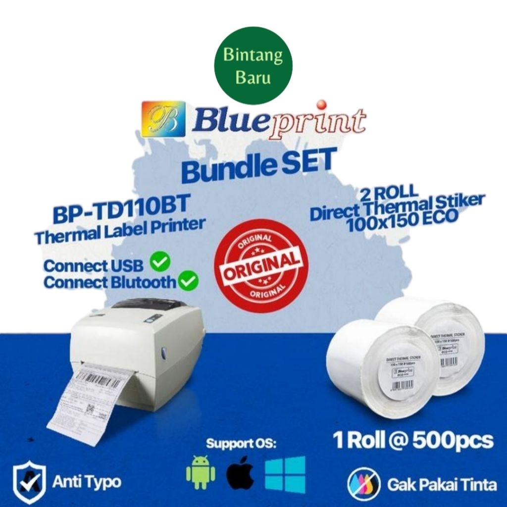 Bundle Barcode Printer Thermal Label Resi Pengiriman A6 Blueprint TD110BT Bluetooth Printer Stiker B