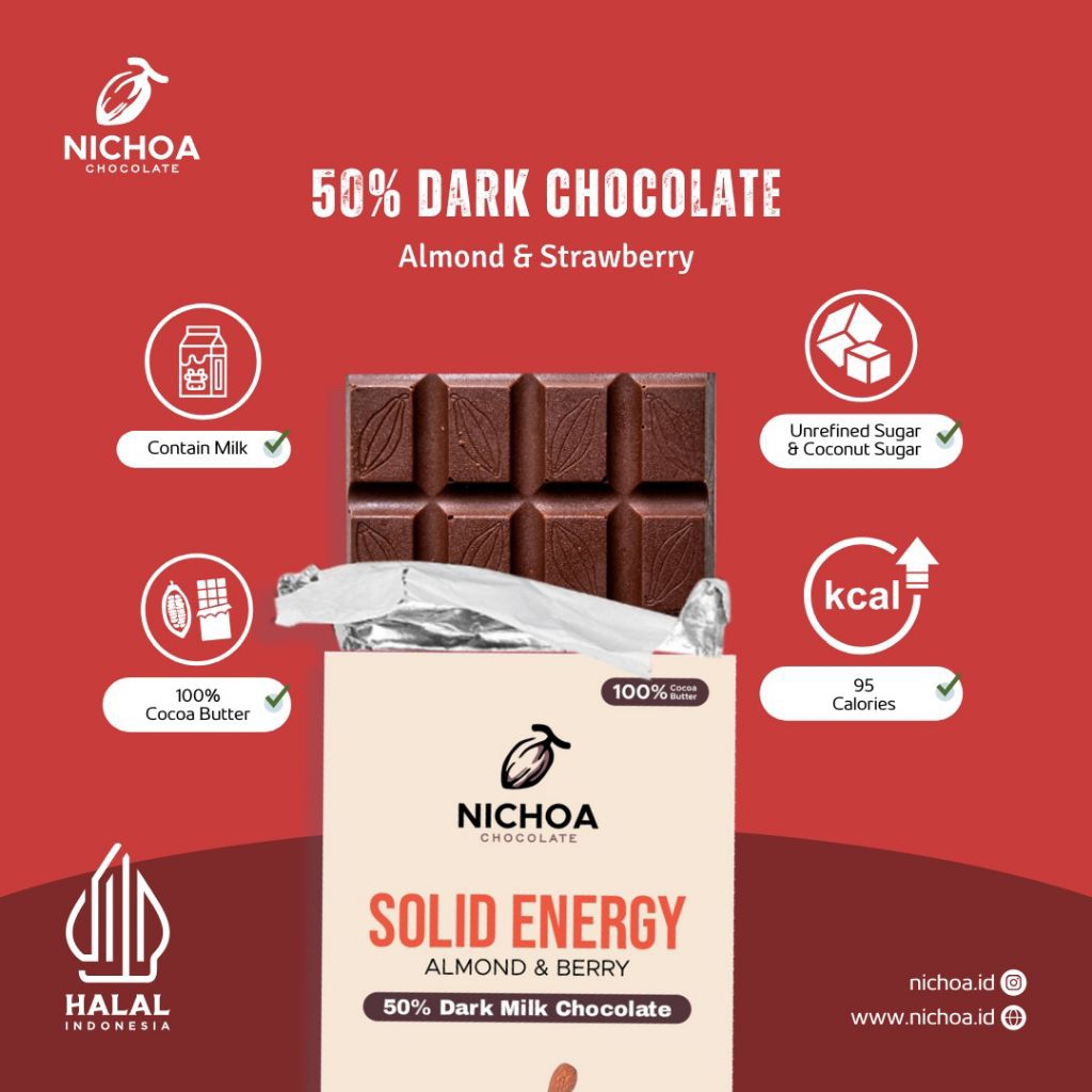 

Almond & Strawberry Chocolate - 50% Dark Chocolate - Solid energy by Nichoa