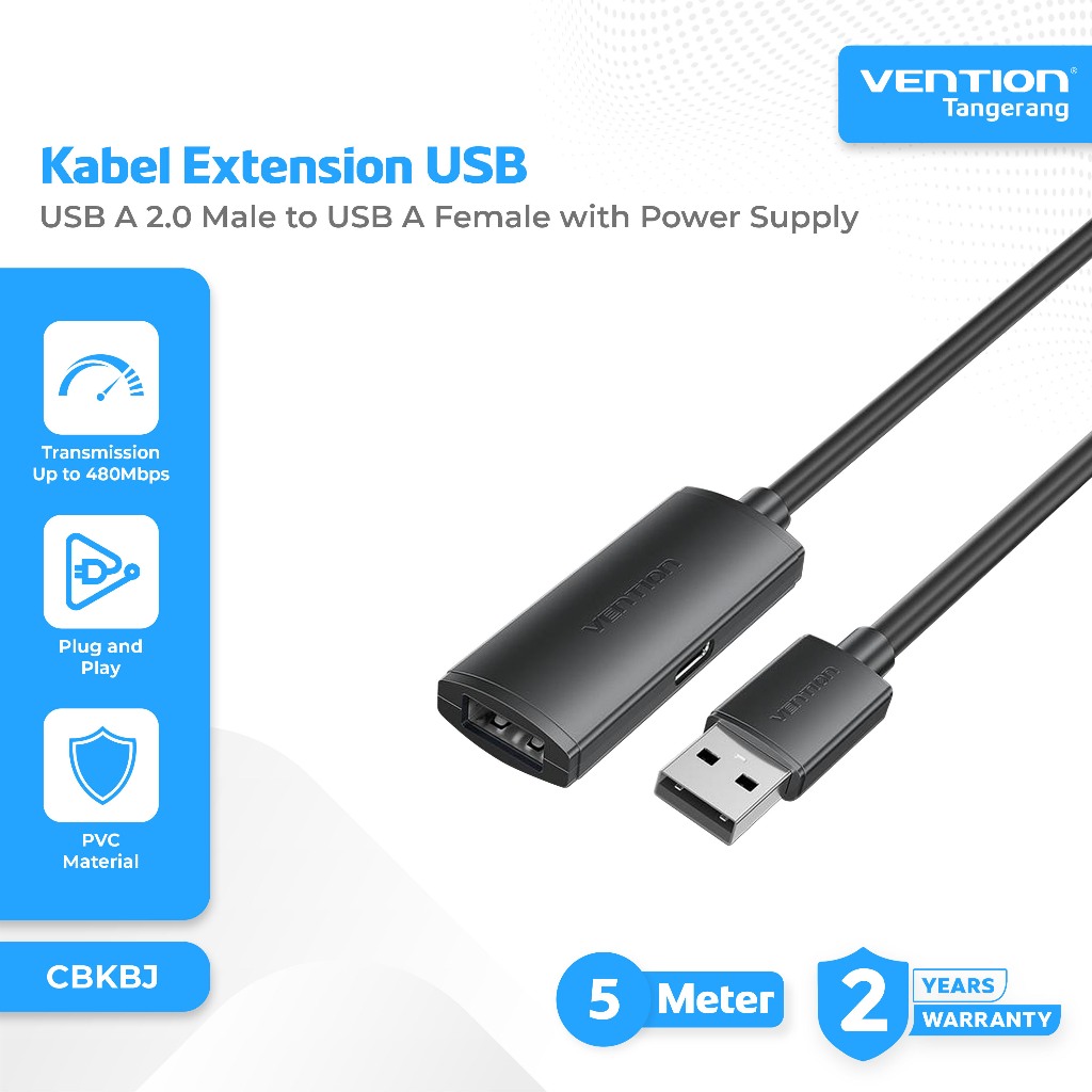 Vention Kabel Extension USB A 2.0 Male to USB A Female 480Mbps with Type C Power Supply 2A 5 Meter -