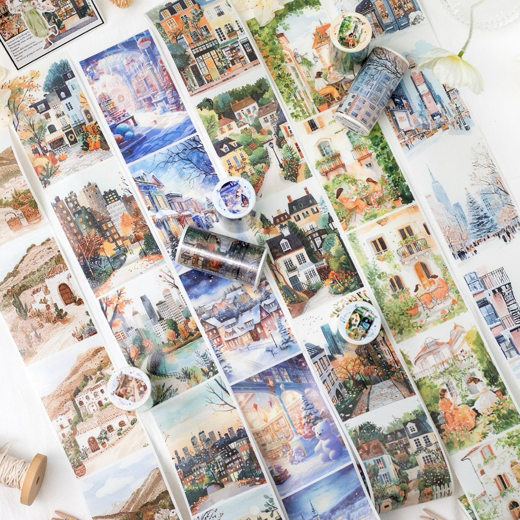 

(1FH) washi tape selotip solid background pemandangan alam kota city autumn plant town scenery cafe