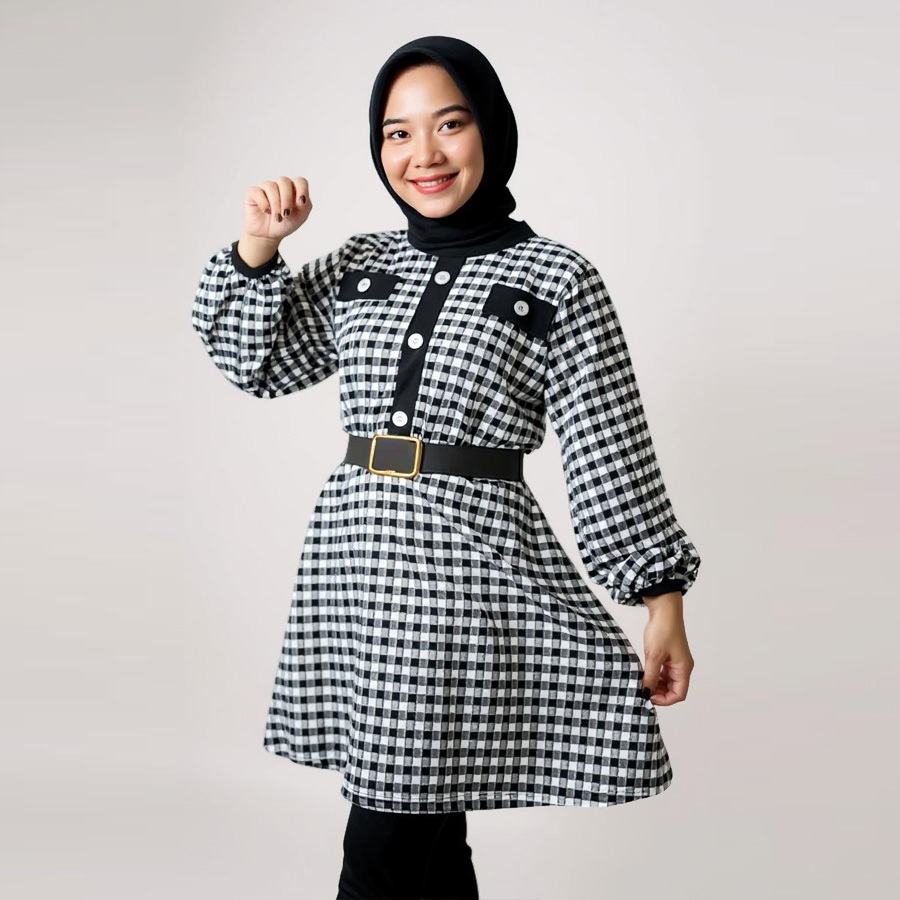CARLINA ArunaExtu Kotak Tunik Dress Wanita Free Gesper