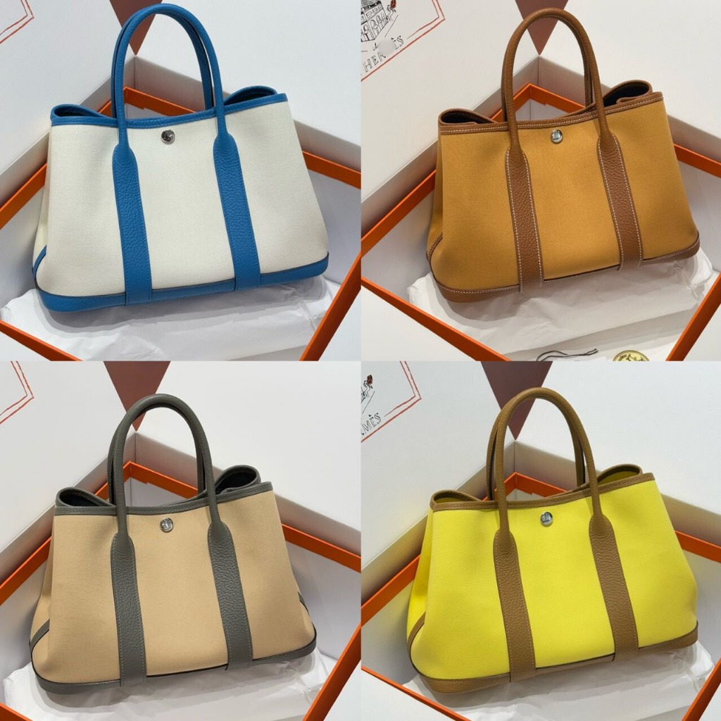 PO Tas Wanita Garden Party 30cm Kulit & Canvas Handmade | Warna Glacier White / Tanzania Blue | Gaya