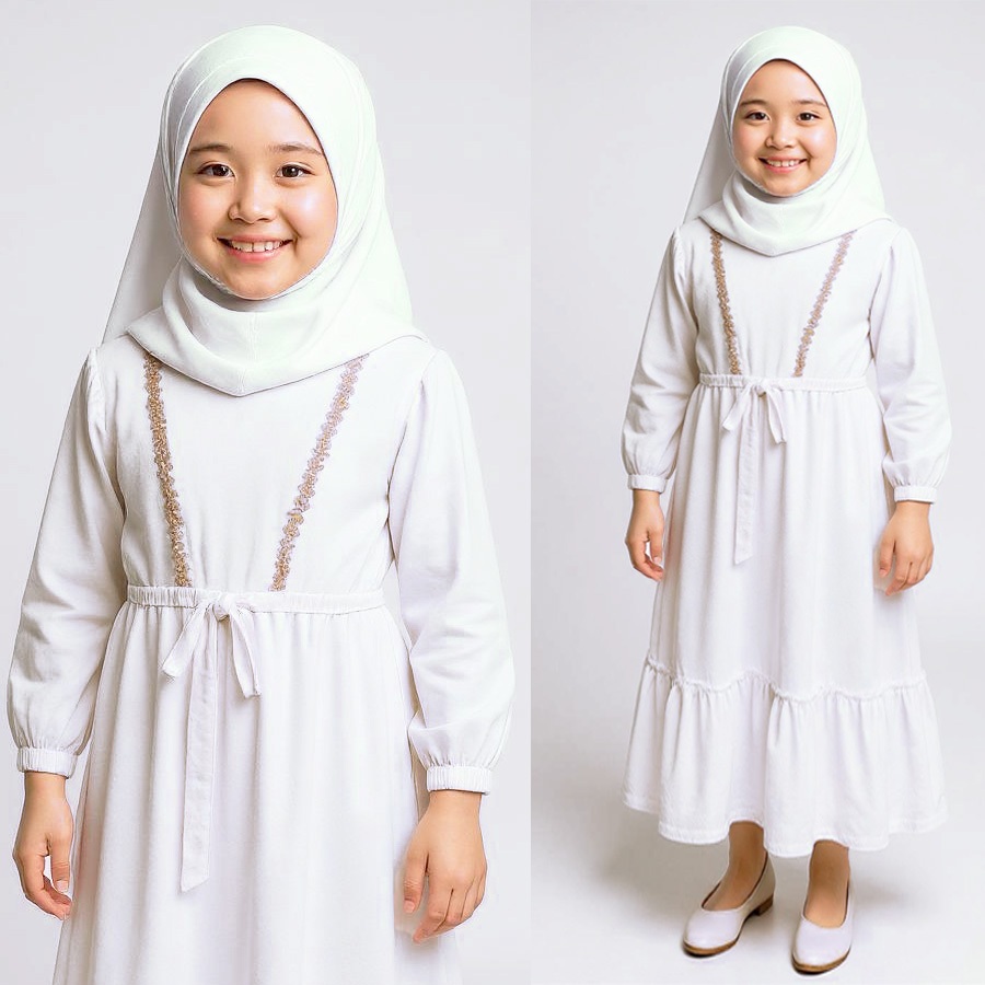 GAMIS PUTIH MANASIK HAJI MEDINA SET DRESS DAN KERUDUNG HIJAB ANAK GL FASHION