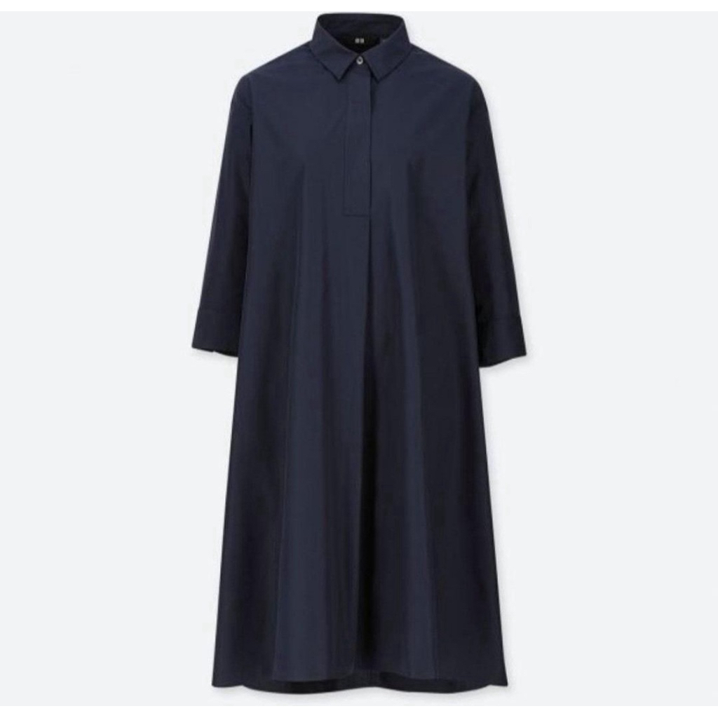 Extra Fine Cotton A Line 3/4 Sleeve Dress Uniqlo in Navy