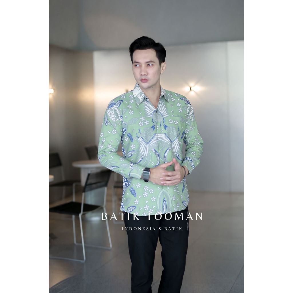 KASWARI Mint Sage Green Slim Fit Baju Pria Kemeja Batik Warna Pastel Hijau Lengan Panjang Bahan Katu