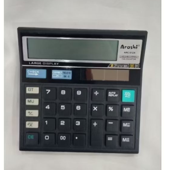 

Arashi Calculator ARC 512A - Kalkulator - 12 digits - Two way power - Solar - Baterai - Check - Correct - Hapus - Layar Besar