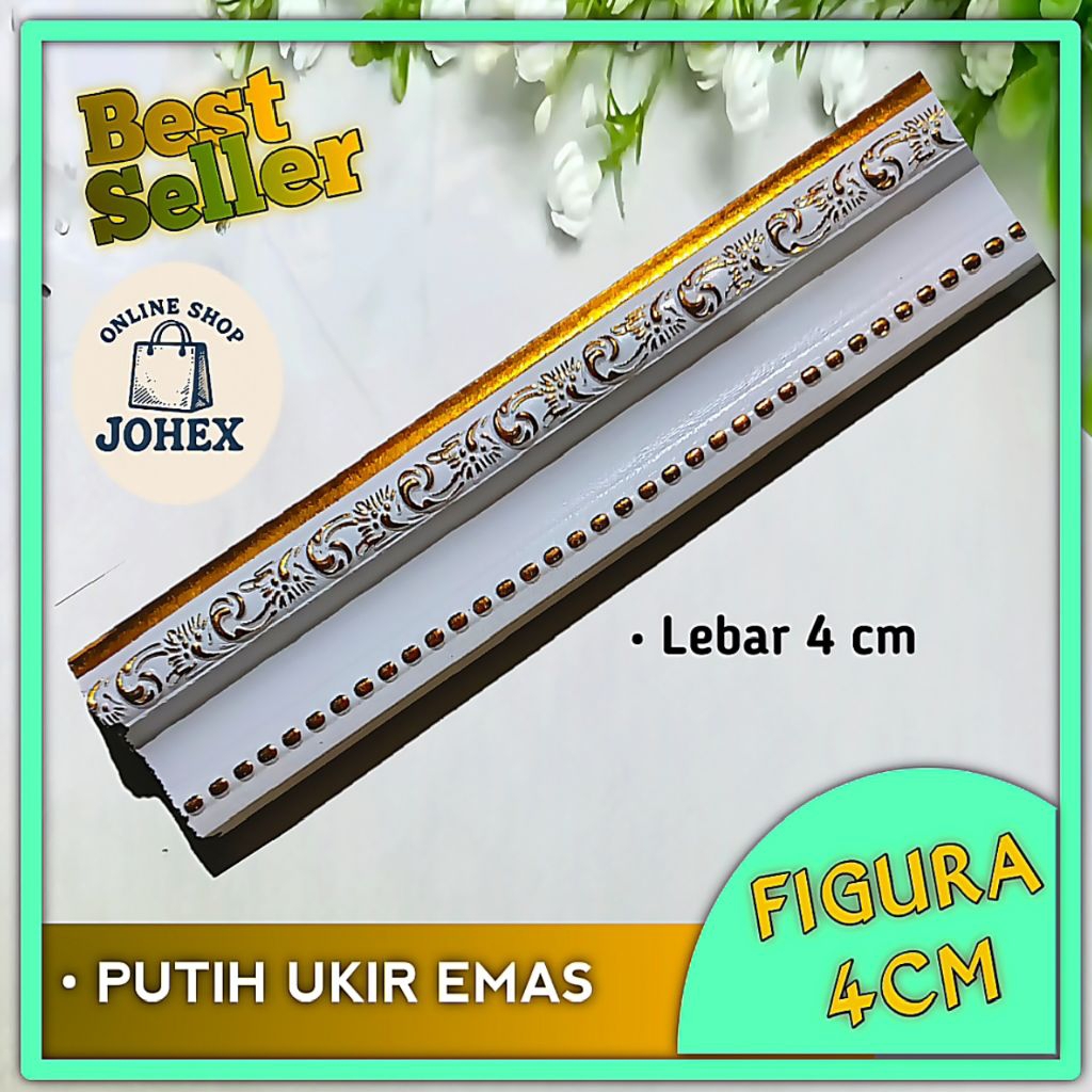 figura batangan 4cm ukir PUTIH EMAS / lis plafon / frame bingkai / figura batangan / fiber batangan 