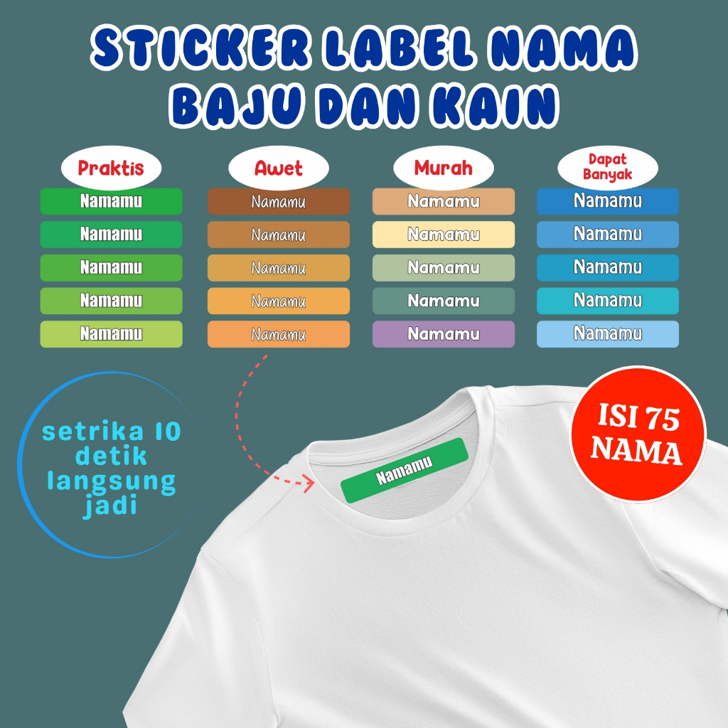 

Sticker Label Nama Kain Baju 75 Pcs Kaos Sablon Setrika DTF Iron Custom Tulisan Contour Tebal Label