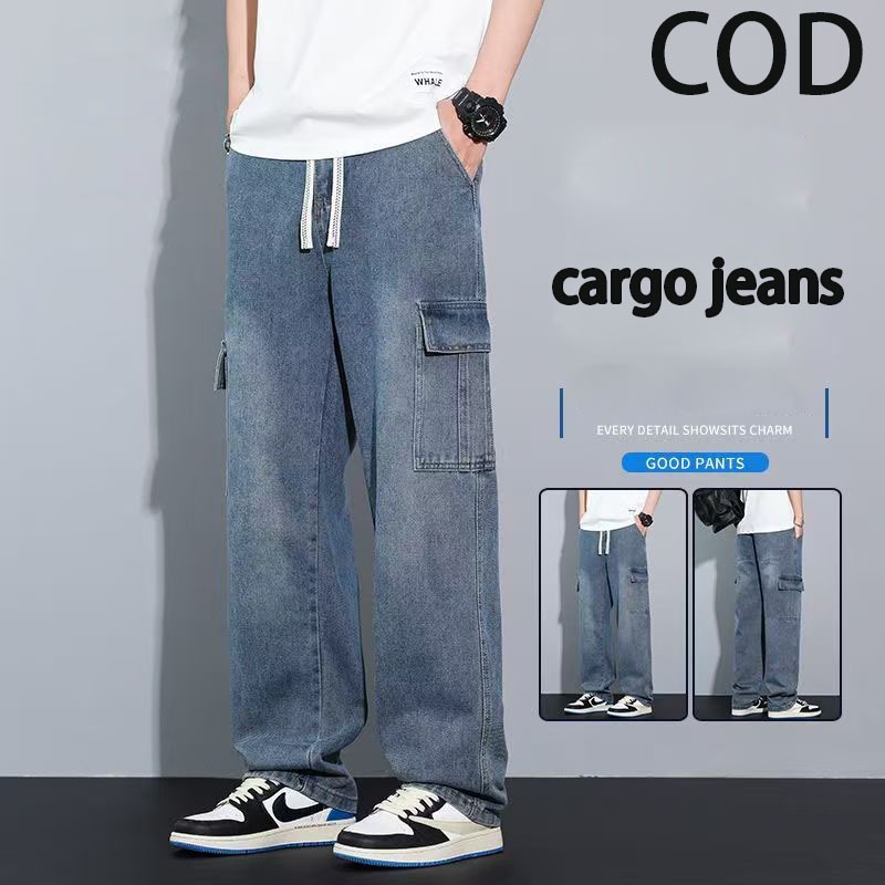 Celana Cargo Jeans Panjang Pria Reguler Standar Korean Loose Fit Cargo Gombrong Jeans Pria