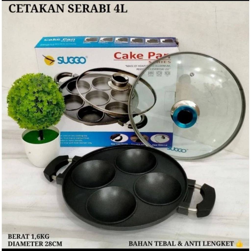 [ 4 LUBANG CEKUNG ] CETAKAN KUE MERK SUGGO 4 LUBANG PLUS TUTUP KACA PAN CAKE CETAKAN SERABI APEM