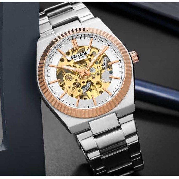 Jam Tangan Pria Belleda 9542 Rantai Model Gear Automatic Tanpa Bterai Slim Mode Watches