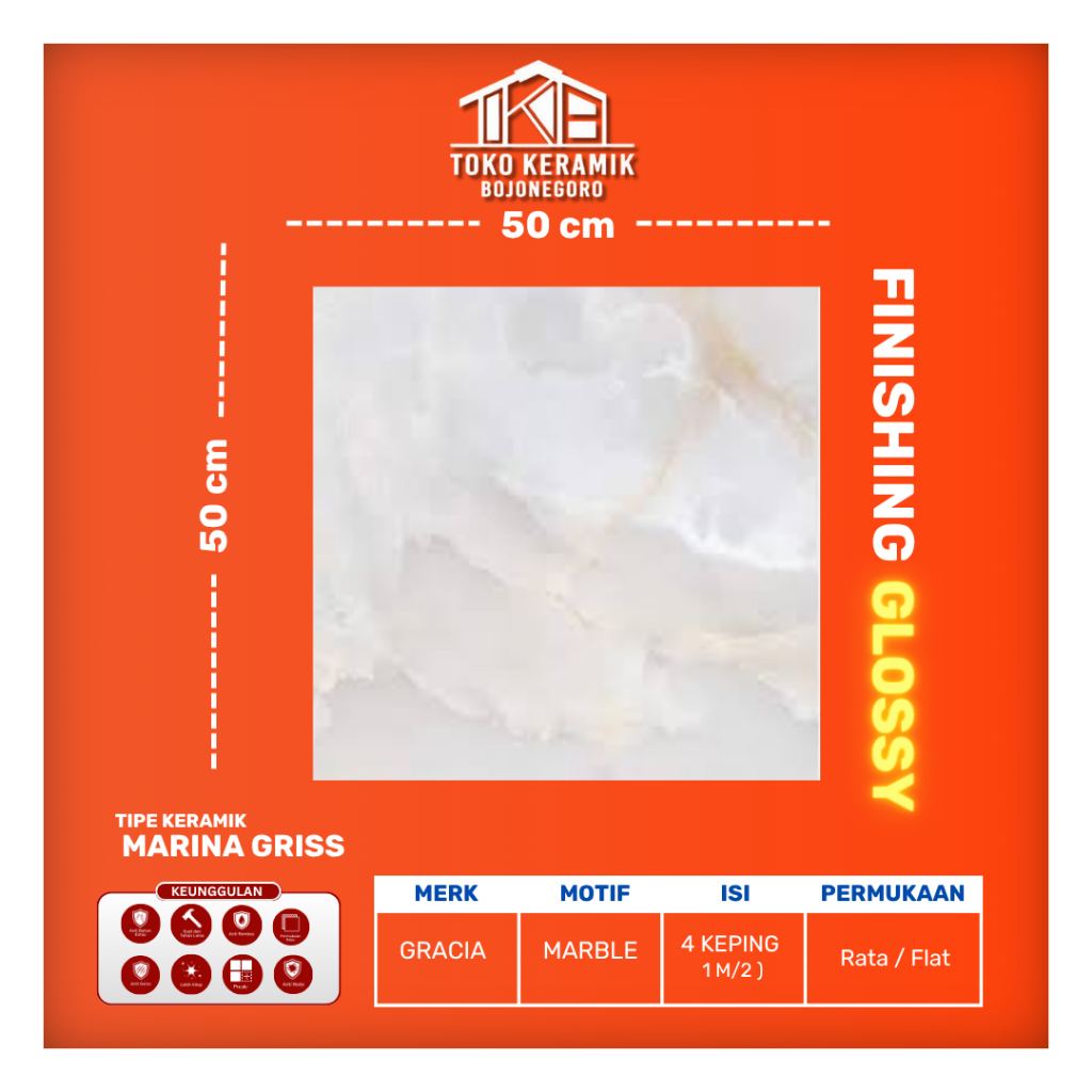 Keramik Lantai glossy Kilap Motif Marble 50x50 cm Gracia Marina Griss