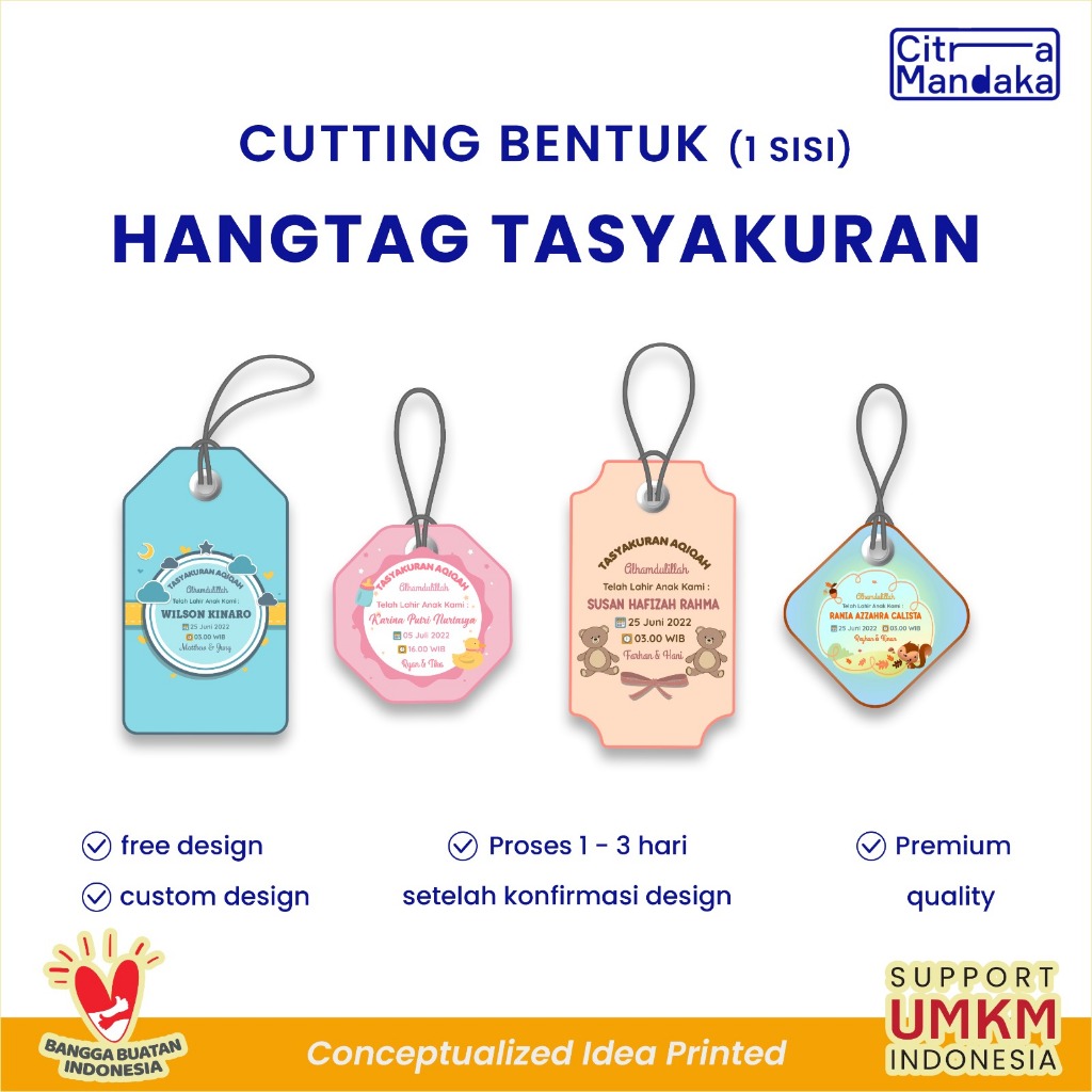 

Hang Tag Custom Pola 1 Sisi Souvenir Tasyakuran Aqiqah Kelahiran Bayi