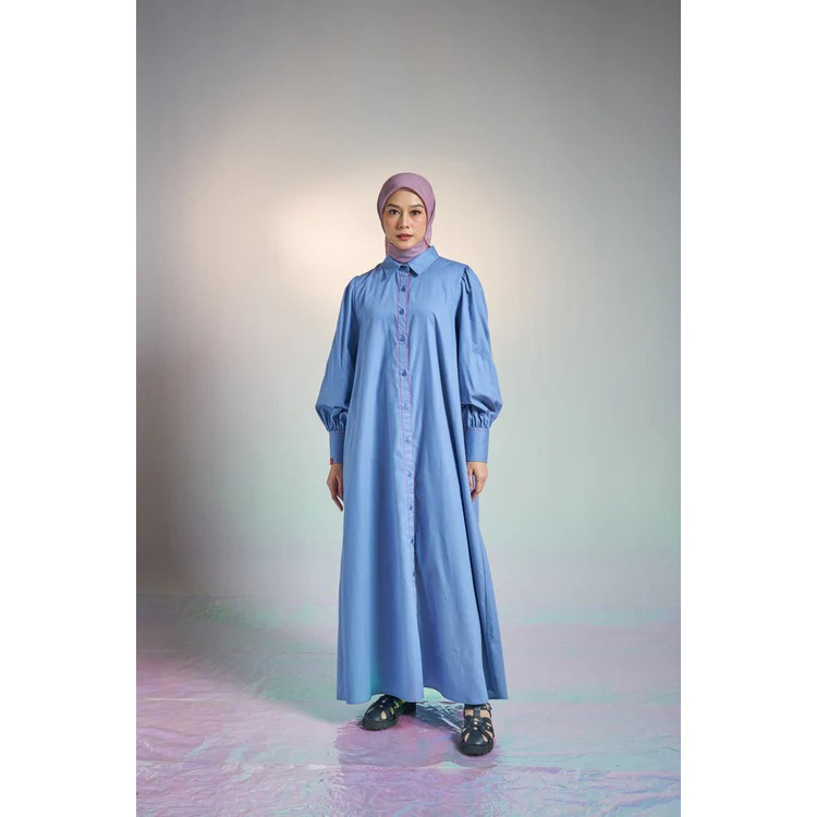 DAUKY L Dress Airy Cutton Denim - Fashion Muslim Dress Gamis Polos Dress Muslim Wanita Bahan Katun T