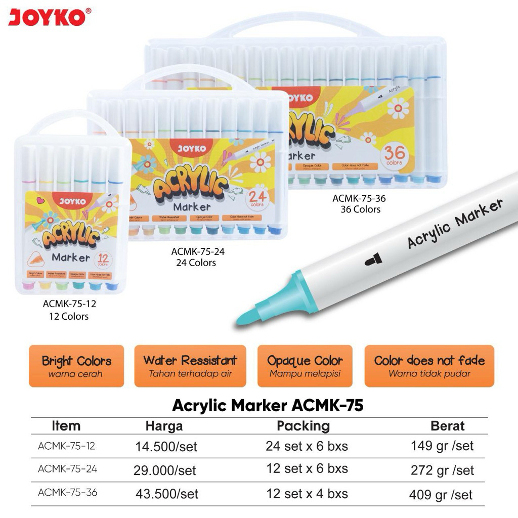 

1 set Joyko Spidol Acrylic Marker ACMK-75 12 dan 24 Color dan 36 warna / Cat Akrilik Marker Spidol ACMK-75 12W dan 24W dan 36W