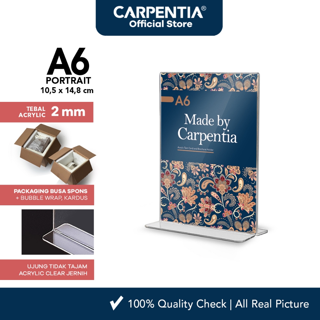 

Carpentia | Acrylic Standing Tipe T - A6 Vertikal Portrait 10,5x14,8 cm - [Akrilik Display Brosur]