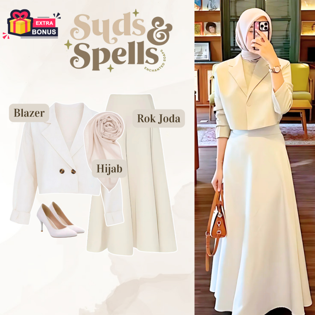 One set 3in1 setelan wanita hijab blazer jas putih broken white coksu coklat muda rok joda ivory cre