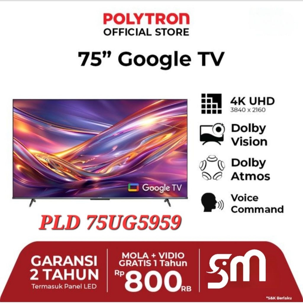 LED TV Polytron 75 inch PLD 75UG5959 UHD 4K Smart Android Google tv