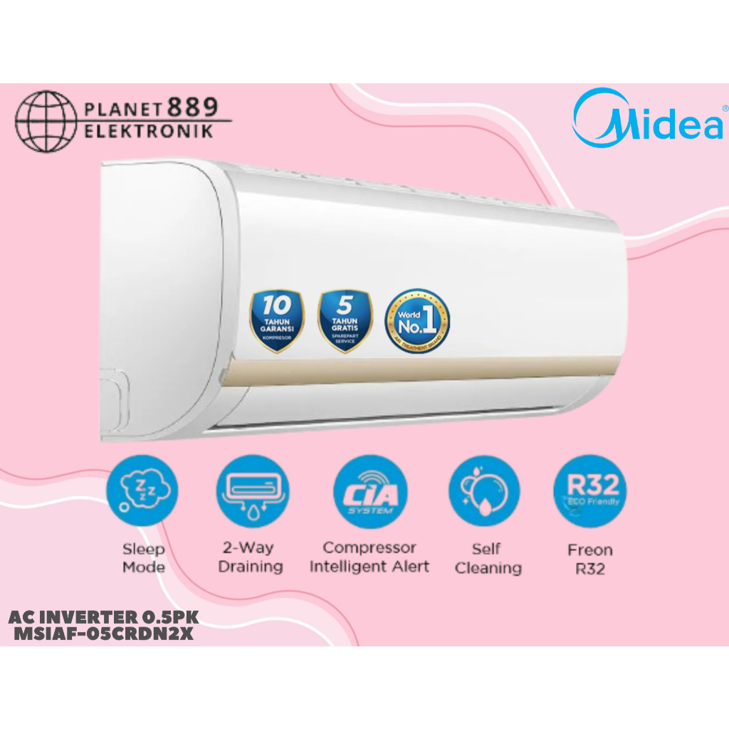 Midea MSIAF-05CRDN2X AC Split Inverter Pendingin Ruangan 1/2PK iECO Mode Gear Control Hyper Graphfyn
