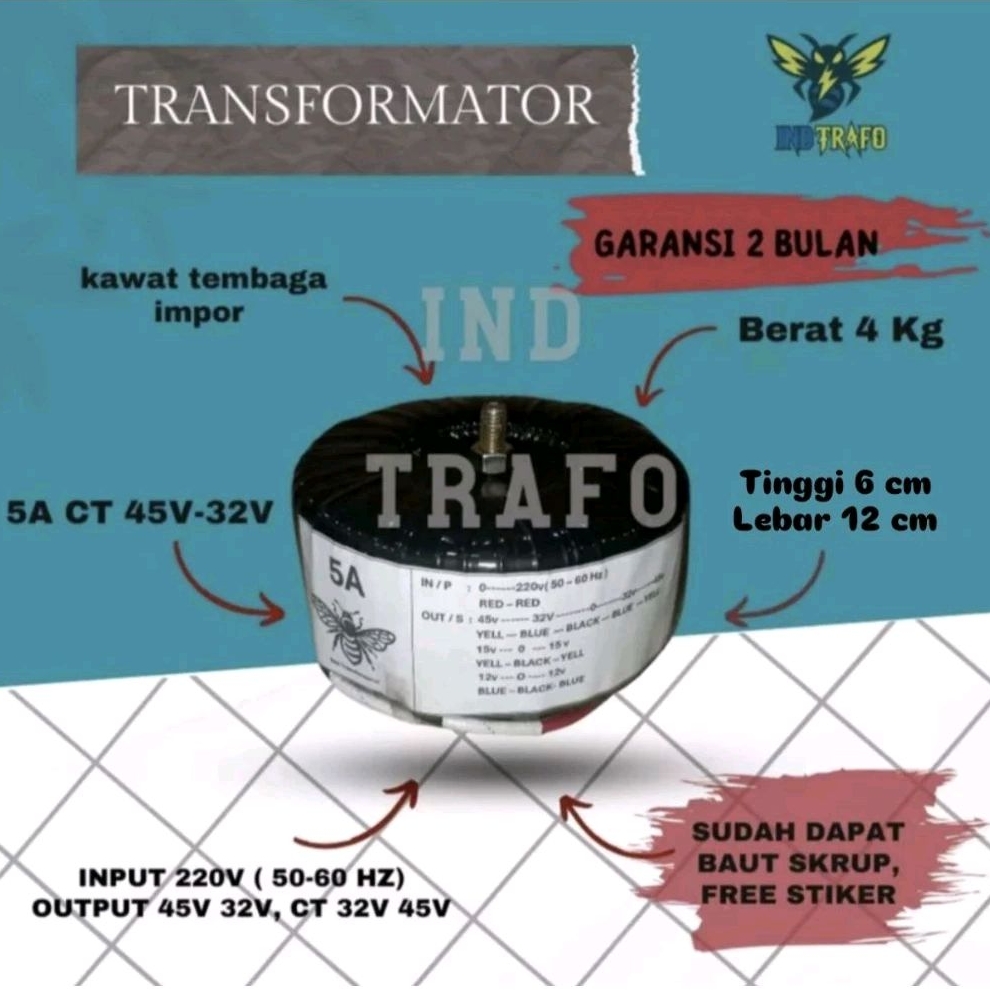 trafo toroid donat 5 ampere ct 45v - 32v