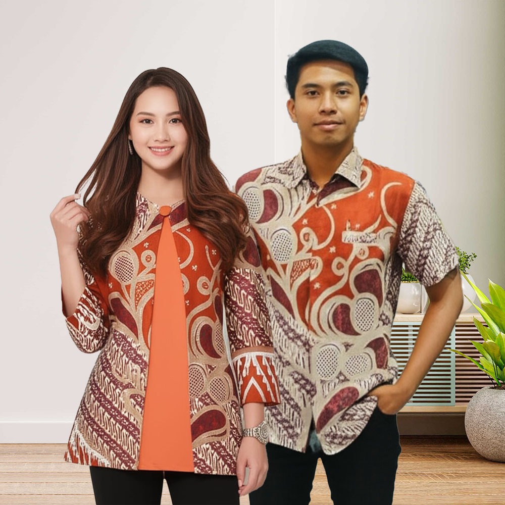 Sarimbit Batik Couple Merah Bata – Kemeja & Blus Sofia Elegan | Batik Pasangan Modern