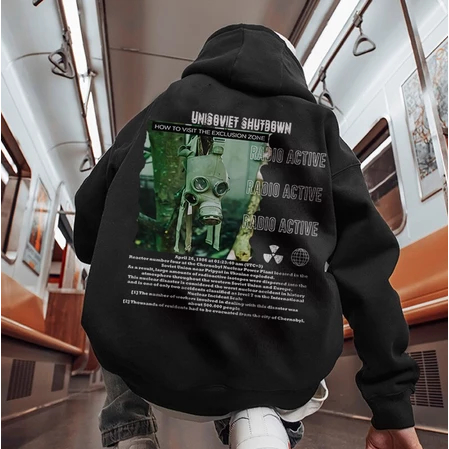 Jaket Hoodie Distro Streetwear Oversize Pria Wanita Motif Radioactive Masker Gas Viral TikTok Fashio