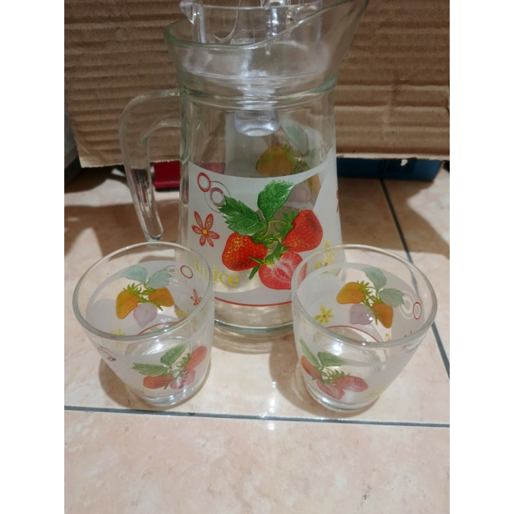 Drink Set Kaca + Teko / Tea Set Kaca  + Teko /(1 Teko + 6 Gelas) Motif Sesuai Foto
