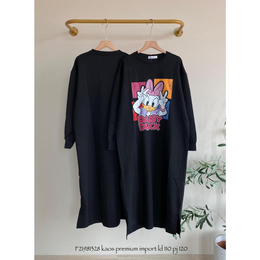 Dress Kaos Import Gambar Daisy & Mickey | Long Dress Oversize Wanita Lengan Panjang - Kaos Santai Be