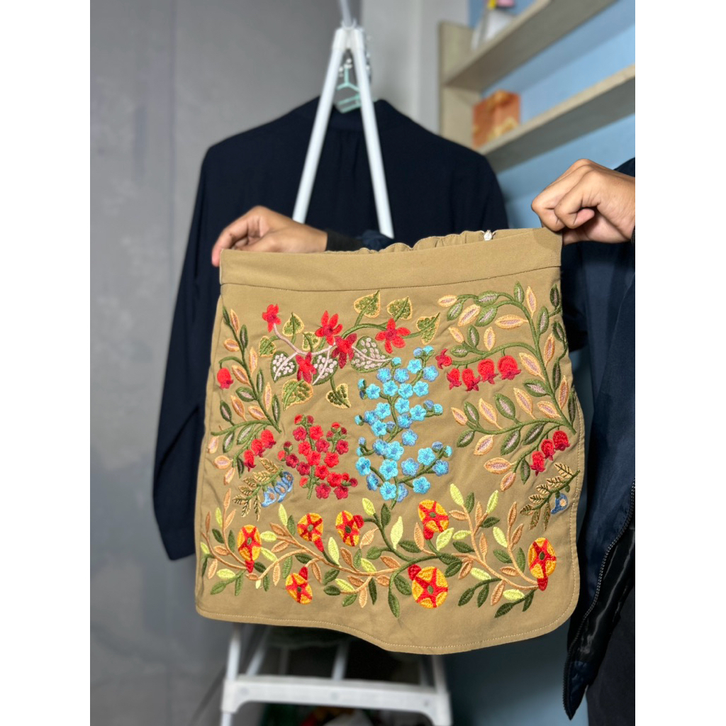 Rok Mini Celana Bordir Etnik Floral Warna Coklat Kekinian