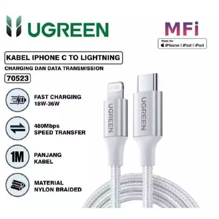 Kabel Charger UGREEN 60759 70523 USB Type C to Lightning Nylon 1M PD MFI